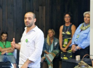 John Dimatos, Kickstarter Spokesperson (white shirt) & Sherry Huss, Maker Media VP (far right), Presenters at World Maker Faire New York 2014 "Town Hall" 10 July 2014