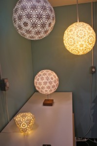Pendant and table lamps---of 3DP’d translucent plastic---by Robert Debbane at American Design Club, during NY NOW Summer 2014.